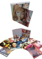 A large folder-style box, partly open to show CD jewel cases inside. In front of it, a spread of about a dozen square prints recognizable as previous ayumi hamasaki remix album covers.
